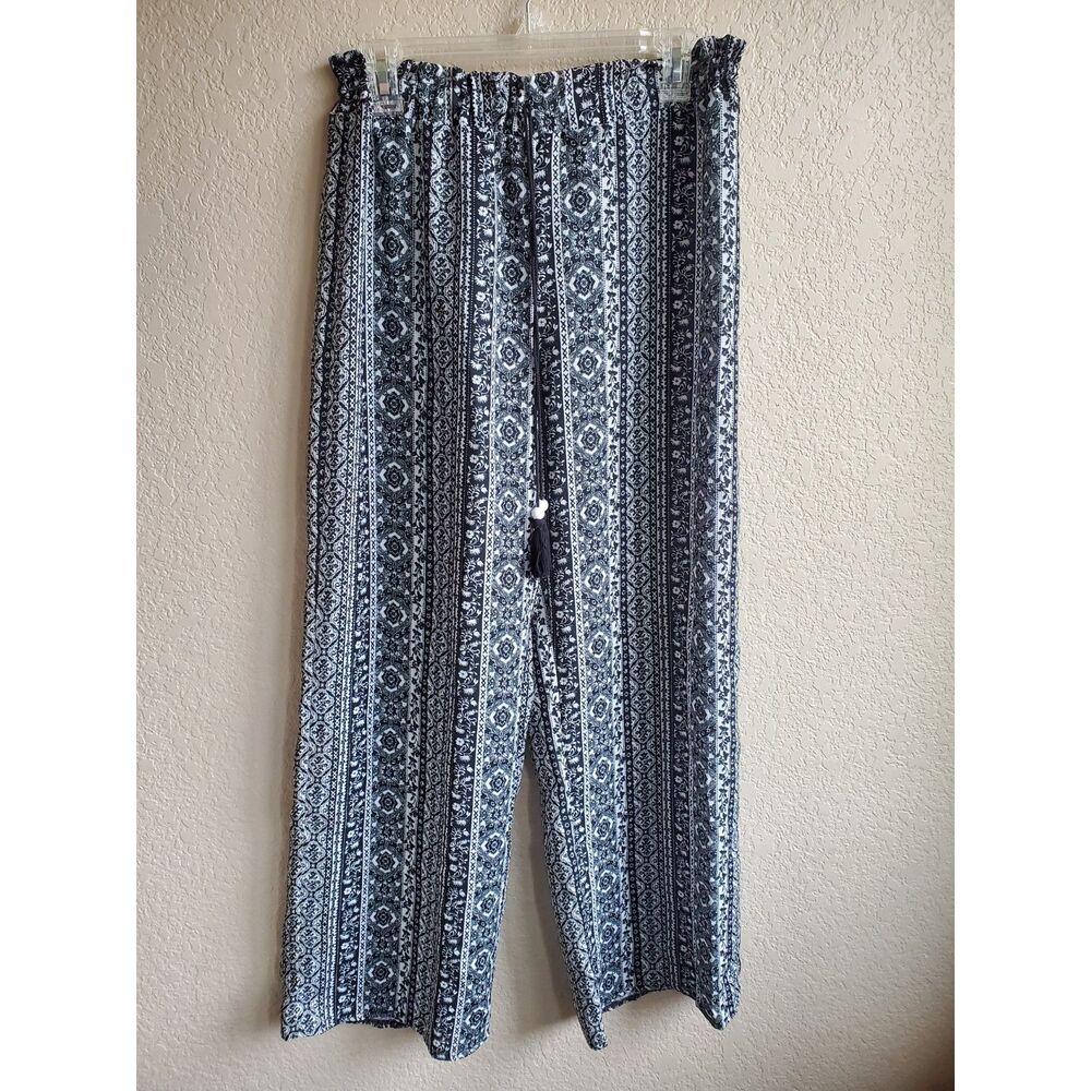 Willow & Sage Beachy Pants Casual Wide Leg Coastal Black Cream M